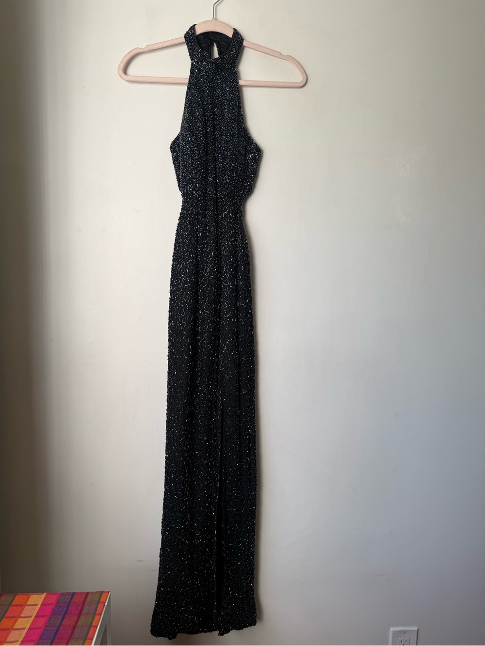 Vintage Cache Black Beaded Halter Backless Gown XS